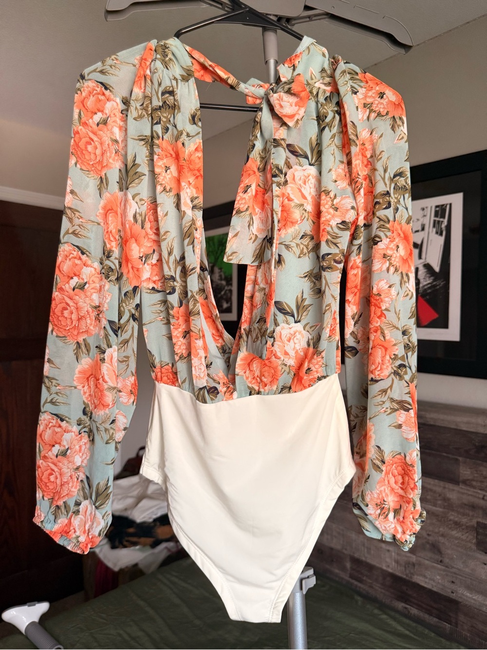 Hello Molly Mint Floral Tie-Back Long Sleeve Bodysuit with Cream Bottom